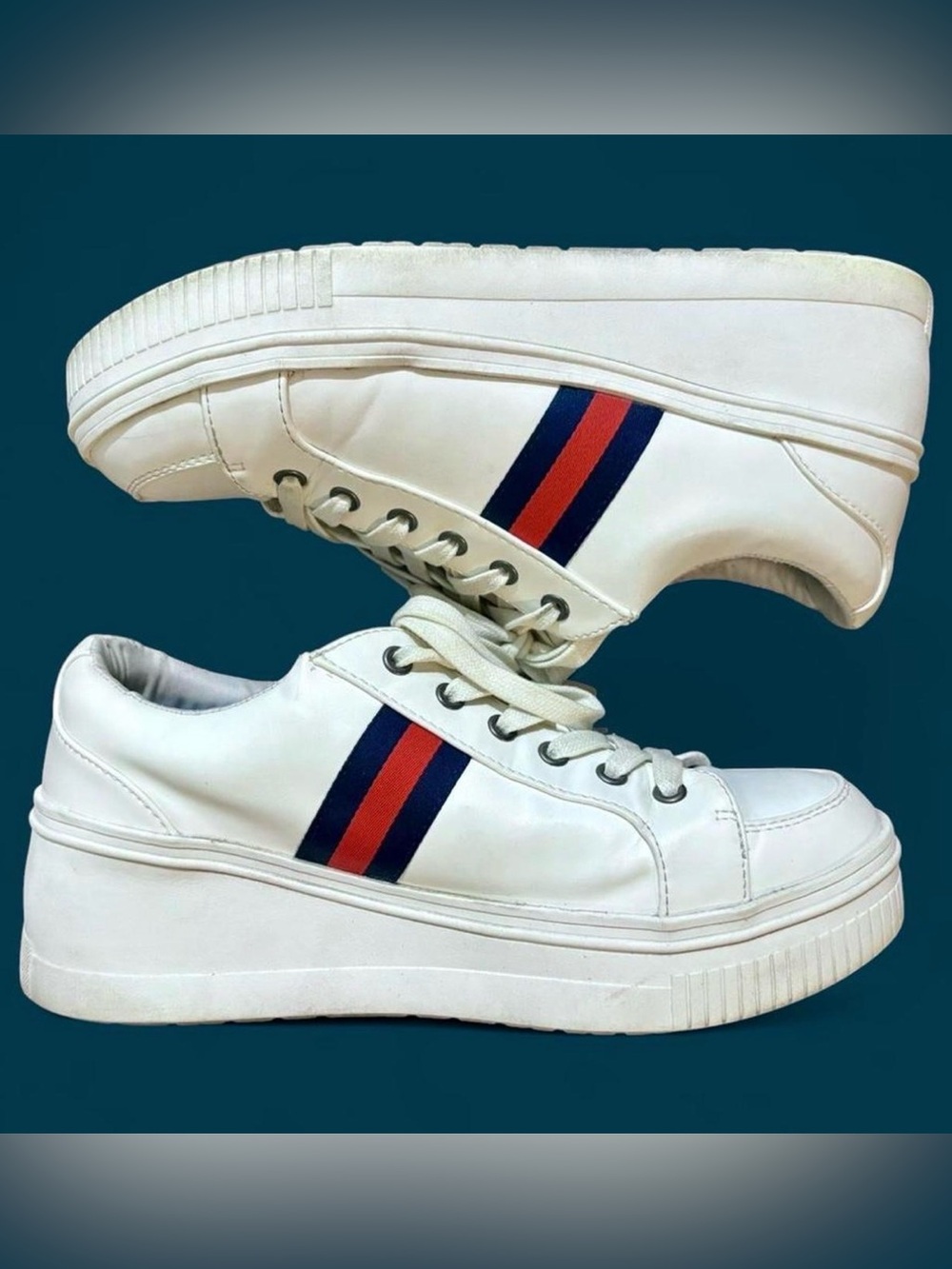 White Platform Sneakers with Red & Navy Stripe
